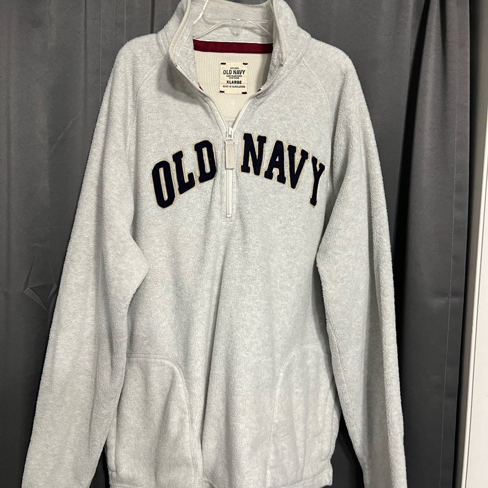 Old Navy White Fleece Zip-Up with Navy Lettering